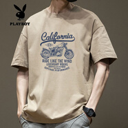 花花公子（PLAYBOY）短袖t恤男日系簡(jiǎn)約純棉重磅體恤寬松潮流百搭美式休閑上衣服夏季 卡其色-580短袖-純棉 2XL 【建議170-195斤】