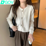 DGOV甜美溫柔風(fēng)長(zhǎng)袖針織衫女玫瑰紐扣毛衣開衫短款波浪花邊圓領(lǐng)外套女 米白色  S 【80斤以下】