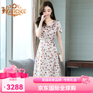 Homesee輕奢國際高檔品牌連衣裙歐洲站碎花女輕款時(shí)尚重磅桑蠶絲裙子 米白色 L