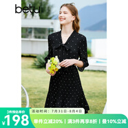百圖betu女裝春夏新款連衣裙七分喇叭袖飄帶壓褶連衣裙女2302T70 黑色 XS