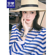 羅蒙（ROMON）涼感針織衫女夏季藍(lán)白條紋冰絲長(zhǎng)袖T恤寬松慵懶風(fēng)遮陽(yáng)衫chic上衣 白藍(lán)條 均碼 -85-125斤