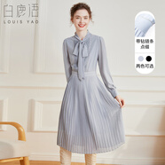 白鹿語(yǔ)氣質(zhì)通勤ol風(fēng)襯衫裙春款休閑長(cháng)袖系帶領(lǐng)連衣裙中長(cháng)裙百褶裙 灰藍 S