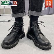 卡帝樂鱷魚（CARTELO）馬丁靴男英倫風(fēng)中幫增高秋季帥氣工裝切爾西靴透氣黑色高幫皮鞋潮 黑色六孔加絨中幫 適合零度以下 36 小碼