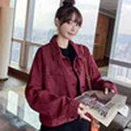 追屬小個(gè)子紅色工裝夾克牛仔外套女開(kāi)衫韓版上衣女歐洲站秋裝2024 酒紅色 S