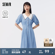 森馬牛仔連衣裙女撞色大翻領(lǐng)學(xué)院風(fēng)森柔牛仔夏收腰泡泡袖短裙甜酷 牛仔淺中藍(lán)88601 165/88A/L