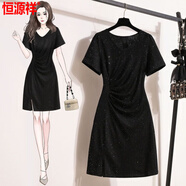 恒源祥禮服連身裙高端輕奢小眾黑色亮片連衣裙女夏季2025新款氣質(zhì)小個(gè)子 黑色半袖連衣裙（8817款） 3XL 110-130斤