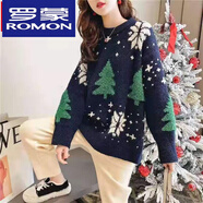 羅蒙（ROMON）圣誕毛衣女2025秋冬新款圓領(lǐng)毛衣外套套頭寬松顯瘦針織衫加絨上衣 藏青 S