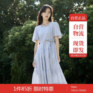 茵曼（INMAN）夏季法式收腰提花肌理女裝方領(lǐng)連衣裙文藝風(fēng)泡泡袖裙子 藍(lán)色 S