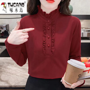 啄木鳥(niǎo)（TUCANO）加大尺碼半高領(lǐng)純棉長(cháng)袖打底衫女春秋加絨加厚中年媽m媽中領(lǐng)t恤上 棗紅色【專(zhuān)柜品質(zhì) 不變形】 S 建議80-90斤