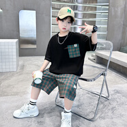 尚比酷男童夏裝套裝2025新款兒童裝薄款運(yùn)動夏款夏季男孩中大童酷帥氣潮 黑色 薄款 120