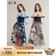 兩三事暮色詩行 2025夏季新款復(fù)古一字肩露肩條紋印花泡泡袖連衣裙 藍(lán)色 L