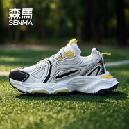 森馬2025夏季新款男鞋老爹鞋透氣休閑百搭情侶網(wǎng)面軟跑步鞋子男女同款 白黃 35