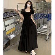 櫻欖大碼女裝法式方領(lǐng)黑色連衣裙胖MM收腰顯瘦打底長裙春季甜辣大擺裙 黑色 2XL 建議140-160斤