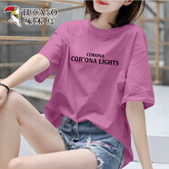 啄木鳥(niǎo)純棉短袖t恤女夏季2025新款韓版寬松大碼女裝小眾半袖體恤衫上衣 紫紅-C字母 4XL 適合170-200斤
