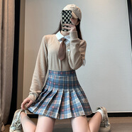 睿澈百褶裙女春夏季jk彩色格子a字裙新款韓版高腰短裙百搭大碼格子半 藍(lán)灰格子 M