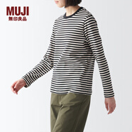 無印良品（MUJI）女式 雙羅紋編織圓領(lǐng)長袖T恤打底衫上衣內(nèi)搭 秋冬款 BBC32A3A 黑色條紋 M 160/84A