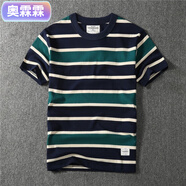 奧霂霖夏季新款撞色重磅條紋拼色T恤男潮流時尚修身圓領(lǐng)復(fù)古青年?；晟?優(yōu)質(zhì)版藍(lán)色 XL 建議【130-150斤】