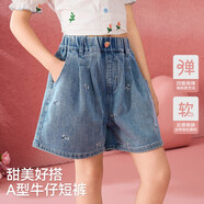 ASK JUNIOR蝴蝶結兒童褲子2025夏中大童牛仔短褲A字型熱褲女童 藍色  110 