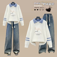 VZVG初中學生秋冬衣服女12少女大童寬松毛衣搭配加絨褲子休閑兩件套裝 白色毛衣+藍色牛仔褲【套裝】 S 【建議70-90斤】