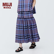無(wú)印良品（MUJI）女式馬德拉斯格紋寬擺裙長(zhǎng)半身裙夏款裙子半裙純棉格子裙女裝 紫色格紋 L (165/70A)