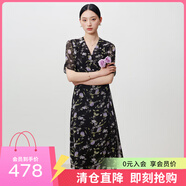 敦奴（DUNNU）dunnu敦奴2024夏季新款茶歇裙法式V領(lǐng)雪紡印花連衣裙女 正黑色 3XL