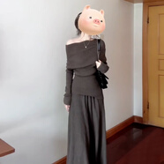 園翌一字肩針織連衣裙子女秋冬季2025韓系慵懶風(fēng)穿搭一整套裝長裙 【咖色套裝】【深秋初冬季圣誕穿搭紅茶風(fēng)/小香風(fēng)富家 S 40/45kg