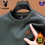 花花公子（PLAYBOY）高檔純棉男士圓領(lǐng)衛(wèi)衣寬松長(zhǎng)袖t恤2025秋冬款加絨套頭打底衫男 T614綠色 加絨 L 170120-135斤