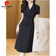皮爾卡丹（PIERRE CARDIN）時(shí)尚職業(yè)西裝領(lǐng)短袖中長洋氣質(zhì)修身顯瘦連衣裙小個(gè)子夏季新款女裝 黑色 M
