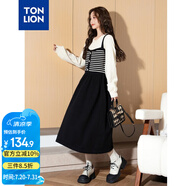 唐獅（TonLion）2023黑色條紋假兩件連衣裙女氣質(zhì)長裙 黑色 L 