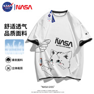 NASA GISS短袖t恤男夏季假兩件上衣卡通印花男士寬松圓領(lǐng)半袖 白色 XL 