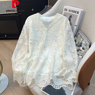 皮爾卡丹（pierre cardin）新中式V領(lǐng)蕾絲打底衫女春秋季2025新款秋裝繡花內(nèi)搭女士長(zhǎng)袖上衣 圖片色 M [90-105斤]