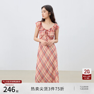 自巧小個子紅色雪紡格紋連衣裙女2025夏裝新款掐腰裙度假風長裙子 紅白格 M （尺碼：4）