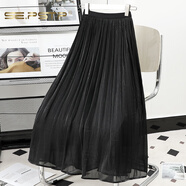 夏典素訂女王（SE.PSTP）光澤感珠光流光紗雪紡百褶皺半身裙女春夏季絲滑中長(cháng)款a字裙 黑色今年流行的輕奢母親女神節 S