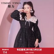 糖力【商場(chǎng)同款】糖力秋新款長(zhǎng)袖撞色花瓣領(lǐng)燙鉆提花花苞連衣裙女 黑色 XS