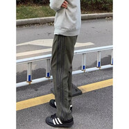 杜小閑cleanfit條紋褲子男夏季潮牌美式復(fù)古工裝褲寬松直筒休閑運動長褲 軍綠色 高性價比 XL [推薦120-140斤]