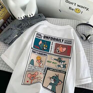 VZVJ重磅純棉休閑卡通貓和老鼠短袖T恤男男女寬松百搭休閑韓版ins五分 貓和老鼠前后白色 S