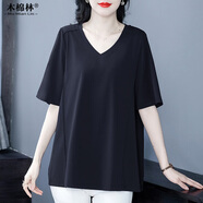 木棉林（mumianlin）大碼女裝棉圓領(lǐng)t恤上衣寬松遮肚 夏季新款胖媽媽洋氣短袖打底衫 黑色(0867) 6XL (220-240斤)