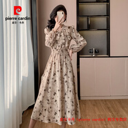 皮爾卡丹（pierre cardin）韓國chic荷葉邊印花連衣裙2025新款秋季甜美收腰顯瘦藕節(jié)袖長裙子 圖片色 S