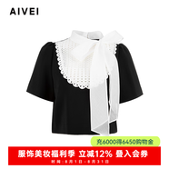 AIVEI欣賀艾薇2025春季小個(gè)子甜妹千金蕾絲拼接短袖上衣S712201B 黑色 S