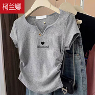 柯蘭娜歐貨正肩V領純棉短袖t恤女設計感小眾收腰修身顯瘦上衣體恤夏季潮 花灰色 L