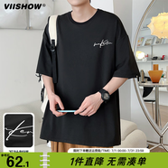 viishow夏季潮流美式復(fù)古刺繡男裝圓領(lǐng)短袖T恤大碼寬松個(gè)性體恤   黑色 M