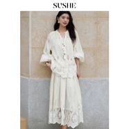 束皙雀尾雕孔繡法式寬松V領(lǐng)襯衫上衣半裙套裝女 素絹白-半身裙 XS