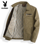 花花公子（PLAYBOY）爸爸裝春秋純棉夾克衫中年男士立領寬松外套秋裝男40-50歲薄上衣 【翻領紐扣】深卡其 兩個內(nèi)口袋 M 170【建議95-110斤】