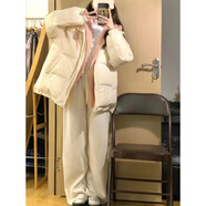 MZPLOI秋冬季穿搭一整套韓版拼接假兩件棉服女學(xué)生棉衣外套燈芯絨闊腿褲 兩件套杏色外套+燈芯絨褲加絨加 M 【推薦90-105斤】