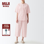 無印良品（MUJI）女式 無側(cè)縫泡泡紗短袖睡衣女士家居服套裝夏季純棉全棉 FDB04C2S 粉紅色×圖案 S