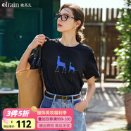 Olrain歐芮兒黑色短袖T恤女夏季新款精致繡花寬松百搭上衣 黑色 M