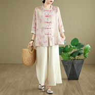 蘑菇同學(xué)中國風(fēng)苧麻印花襯衫女中長(zhǎng)款2025夏季套裝對(duì)襟盤扣棉麻上衣開衫潮 花木蘭上衣+褲子 均碼 建議100-180斤