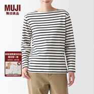 無印良品 MUJI 女式 粗棉線 天竺編織 一字領(lǐng)長袖T恤 BBD05A2S 原色條紋 XXL