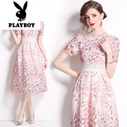 花花公子（PLAYBOY）法式高級感鏤空水溶蕾絲印花連衣裙女夏季顯瘦氣質短袖中長款裙子 花色 S