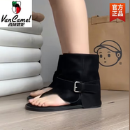 西域駱駝牛皮內(nèi)增高人字夾趾搭扣百搭涼靴女2025夏時(shí)髦褲管短筒羅馬涼鞋 黑色-真皮款-駱駝官方品牌官網(wǎng)旗 35